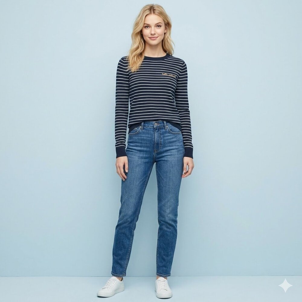 Banana Republic "Hello Weekend" Striped Navy Crewneck Sweater - Size Small